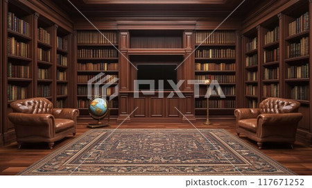 A grand library with a large television mounted on a wooden wall, surrounded by shelves filled with books. 117671252