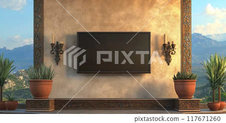 A Mediterranean-style living room with a flat-screen TV on a stone wall, surrounded by lush greenery. 117671260
