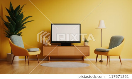 A minimalist living room with a flat-screen TV on a wooden console, featuring a vibrant yellow color palette. 117671261