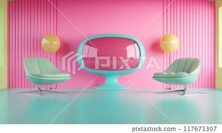 A modern living room with a vibrant TV display, adding a pop of color to the sleek, minimalistic decor. 117671307