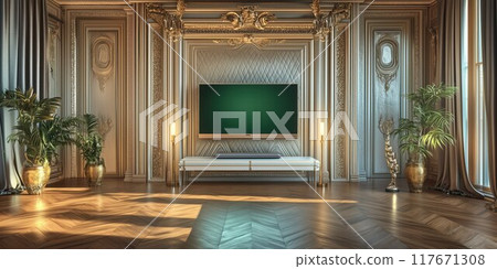 A spacious living room with a flat green screen TV mounted on a minimalist wall, complemented by contemporary decor. 117671308