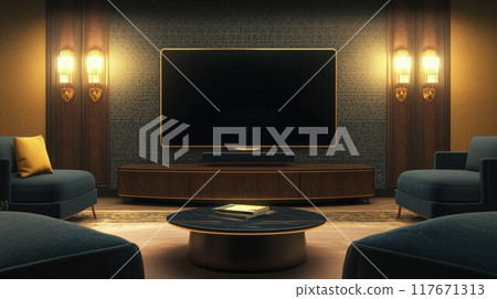 A modern living room with a flat-screen TV, surrounded by sleek, modern furniture and ambient lighting. 117671313