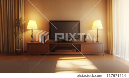 A cozy living room with a television on a wooden console, surrounded by warm lighting and comfortable furniture. 117671314