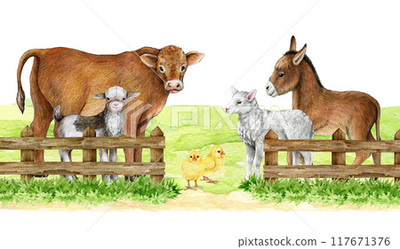 Farm animals on a green field protected by wooden fence. Vintage style illustration. Hand drawn cow, sheep, goat, donkey standing behind old fence. Farm animals on the pasture countryside image Farm animals on a green field protected by wooden fence. Vintage style illustration. Hand drawn cow, sheep, goat, donkey standing behind old fence. Farm animals on the pasture countryside image 117671376