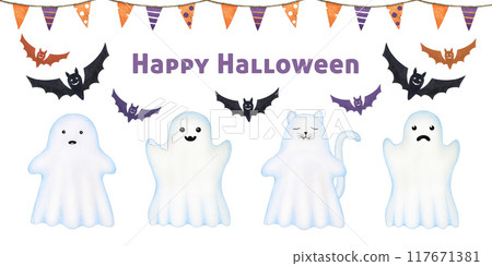 Funny ghost Halloween decor element painted set. Hand drawn illustration. Spooky ghosts, bat, flag garland border in traditional colors Halloween collection. Isolated on white background 117671381