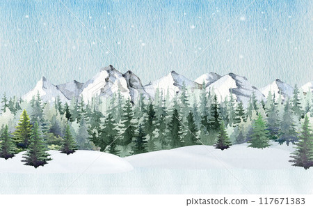 Winter wonderland countryside landscape with pine tree forest, mountain range. Vintage style painted illustration. Winter season landscape scene with mountains, coniferous forest, snowdrifts, ice 117671383