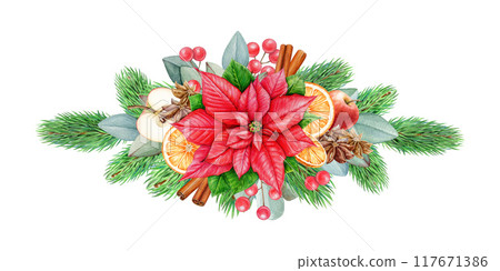 Winter season floral decor with spices, fruit, pine, eucalyptus. Watercolor vintage style illustration. Christmas festive decor from conifer, red berries, poinsettia, cinnamon, orange slices isolated 117671386