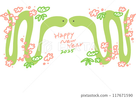 New Year's card with two snakes and pine, bamboo and plum, Reiwa 7, 2025, lucky charm New Year's card with two snakes and pine, bamboo and plum, Reiwa 7, 2025, lucky charm 117671590