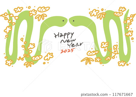 New Year's card with two snakes and pine, bamboo and plum, Reiwa 7, 2025, lucky charm, gold New Year's card with two snakes and pine, bamboo and plum, Reiwa 7, 2025, lucky charm, gold 117671667