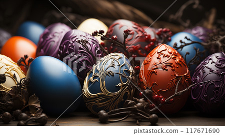 This video captures the beauty of Easter through collection of artistically decorated, eggs detailed designs and bright colors on the eggs reflect the joy and creativity that Easter eggs symbolize. 117671690