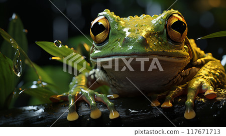 mesmerizing details of a frog in this breathtaking close-up footage Observe the frog's graceful movements and the textures of its skin, capturing the essence of the frog's charm and elegance. 117671713