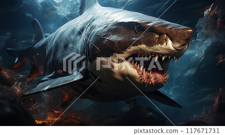 the primal grace of the shark in this captivating close-up video Every movement of the shark is a testament to its unparalleled dominance in the ocean ecosystem. 117671731