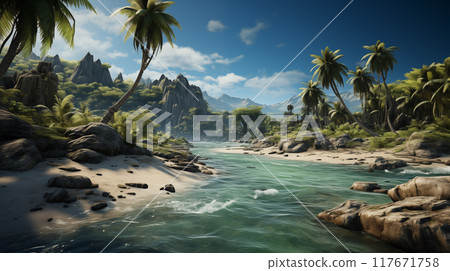 Experience the calm of an island paradise where solitary palm tree adorns the island, inviting viewers to dream of an island escape 117671758