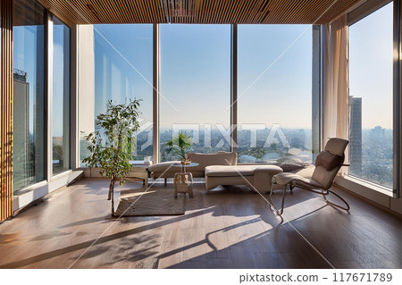 白天從高層住宅的客廳看到的大城市 117671789
