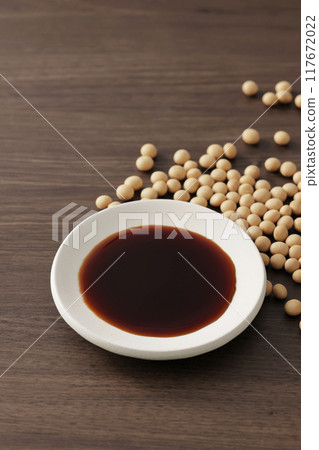 Soy sauce poured into a plate 117672022