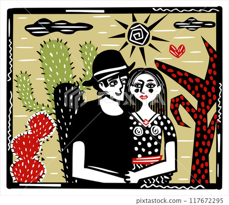 Brazilian northeast cordel illustration. Couple in love on nature backgroumd with cacti, clouds and sun Brazilian northeast cordel illustration. Couple in love on nature backgroumd with cacti, clouds and sun 117672295