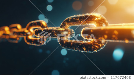 An AI-generated image of blockchain technology, a robust form of security, depicted as a digital, thick chain. 117672408