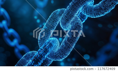 人工智慧生成的圖像描繪了區塊鏈技術，該技術作為數位化的厚鏈提供了強大的安全性。 117672409