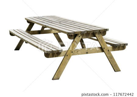 Wooden picnic table isolated on white background 117672442