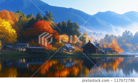 Lakeside surrounded by autumn leaves 3 117672786