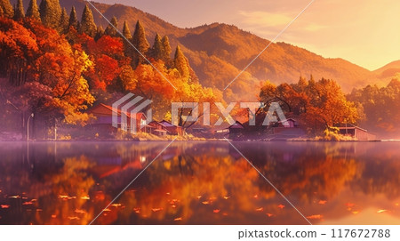 Lakeside surrounded by autumn leaves 5 117672788