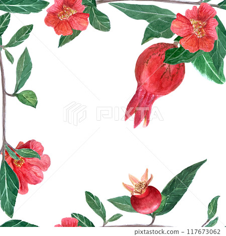 A branch with pomegranate fruits and flowers watercolor frame isolated on white. Hand drawn realistic fruit element for cards, banners, posters, home decor, prints. Vibrant autumn plant clip art A branch with pomegranate fruits and flowers watercolor frame isolated on white. Hand drawn realistic fruit element for cards, banners, posters, home decor, prints. Vibrant autumn plant clip art 117673062