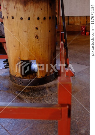 Passing through the pillars of the Great Buddha Hall of Todaiji Temple 117673184