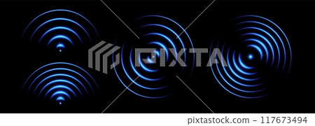 Sonic waves, WiFi signal glowing elements, radar sensor light effects, round wireless network neon symbols. Sonic waves, WiFi signal glowing elements, radar sensor light effects, round wireless network neon symbols. 117673494
