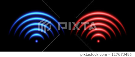 WiFi or scanner light effect, red and blue glowing sonic waves, good or bad signal concept. WiFi or scanner light effect, red and blue glowing sonic waves, good or bad signal concept. 117673495