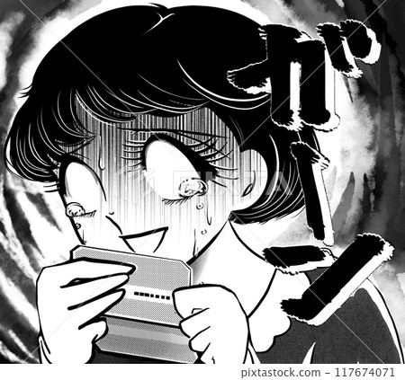 1970年代昭和復古少女卡通單色插畫黑髮女人臨薪前手頭緊 117674071