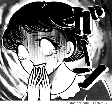 A retro Showa era girl with a bob haircut, crying with her eyes rolled up in shock, and a dark cloud background A retro Showa era girl with a bob haircut, crying with her eyes rolled up in shock, and a dark cloud background 117674072