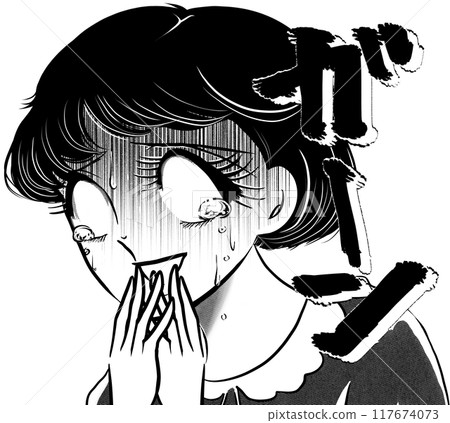 昭和復古女孩卡通片,眼白中充滿震驚和淚水,短髮女孩白色背景 昭和復古女孩卡通片,眼白中充滿震驚和淚水,短髮女孩白色背景 117674073
