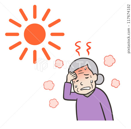 An elderly woman sweating in the heat and suffering from heatstroke 117674182