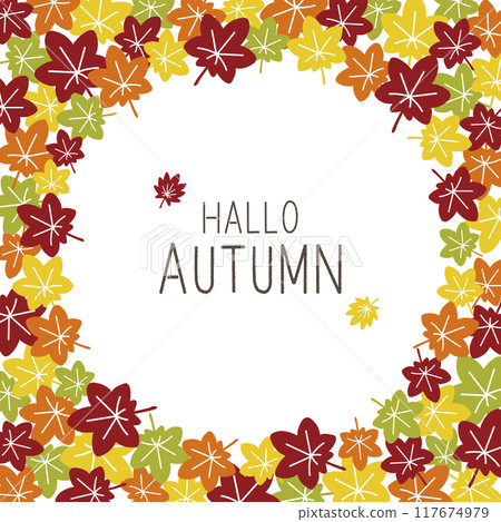 A flat illustration frame filled with autumn maple leaves A flat illustration frame filled with autumn maple leaves 117674979