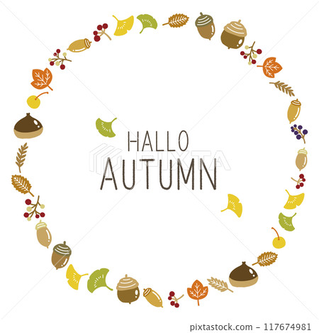 Flat round frame of autumn leaves and nuts Flat round frame of autumn leaves and nuts 117674981