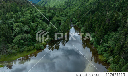 Beautiful high altitude forest mountain lake landscape Beautiful high altitude forest mountain lake landscape 117675515