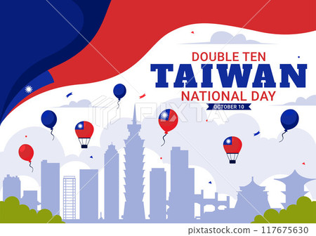 Happy Double Ten National Day Vector Illustration on October 10 with Taiwan Waving Flag and Balloons in a Holiday Flat Style Cartoon Background 117675630