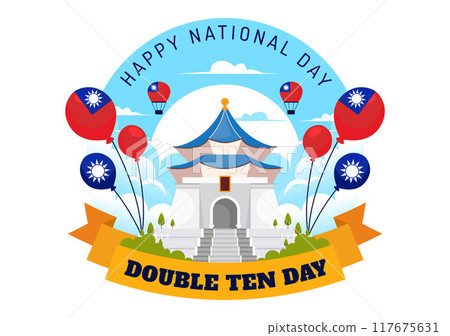 Happy Double Ten National Day Vector Illustration on October 10 with Taiwan Waving Flag and Balloons in a Holiday Flat Style Cartoon Background 117675631