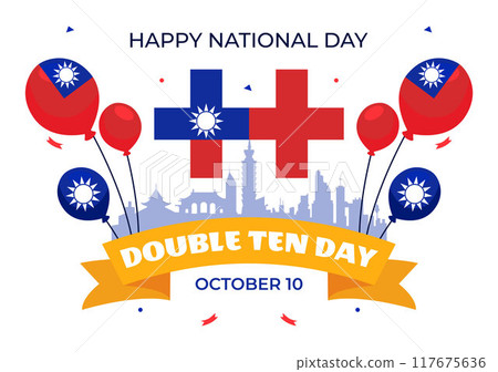 Happy Double Ten National Day Vector Illustration on October 10 with Taiwan Waving Flag and Balloons in a Holiday Flat Style Cartoon Background 117675636