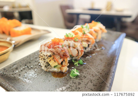 rolls or japanese roll, maki or beef rolls rolls or japanese roll, maki or beef rolls 117675892