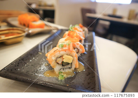 rolls or japanese roll, maki or salmon rolls rolls or japanese roll, maki or salmon rolls 117675893
