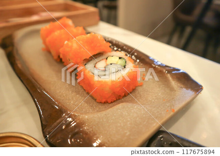 california maki ,Japanese rolls or rice rolls california maki ,Japanese rolls or rice rolls 117675894