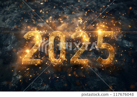 HAPPY NEW YEAR 2025 in gold. Festive Silvester New Year's Eve Sylvester Party background, greeting card template 117676048