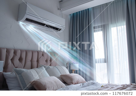 Air conditioner with blue clean fresh air waves 117676072