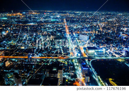 View of Osaka by night from Abeno Harukas Building, Japan View of Osaka by night from Abeno Harukas Building, Japan 117676196
