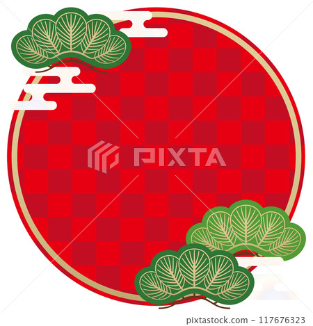 Checkered circle frame with pine trees and rainbow clouds, vector illustration Checkered circle frame with pine trees and rainbow clouds, vector illustration 117676323
