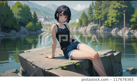 Girl relaxing at the lake 117676365