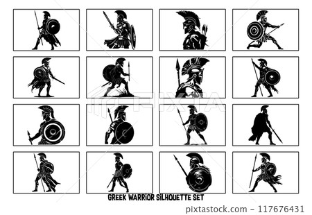 Kneeling ancient Greek warrior in helmet with spear. Black and white silhouette. 117676431