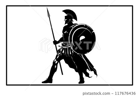 Kneeling ancient Greek warrior in helmet with spear. Black and white silhouette. 117676436
