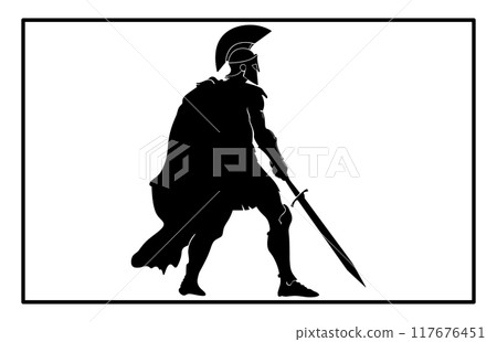 Kneeling ancient Greek warrior in helmet with spear. Black and white silhouette. 117676451